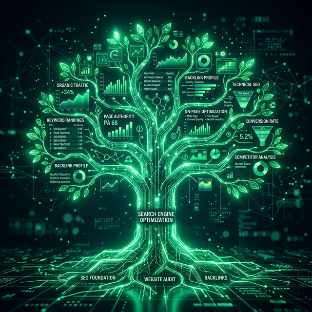 A glowing emerald green futuristic data tree visualizing search engine optimization analytics on a dark background